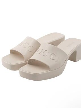 Gucci Cream Patent Logo Slide Mules